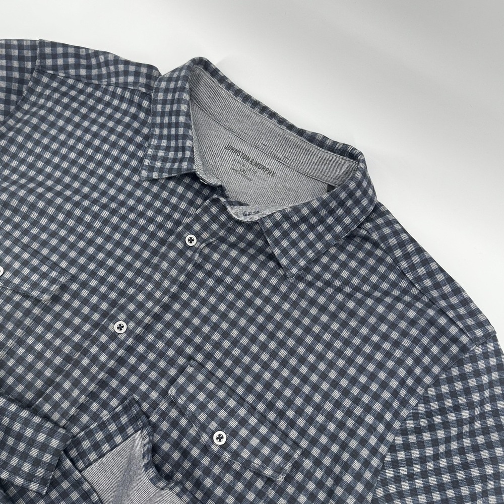 Johnston & Murphy Shirt Mens 2XL Gray Blue Plaid Check Long Sleeve Button Front